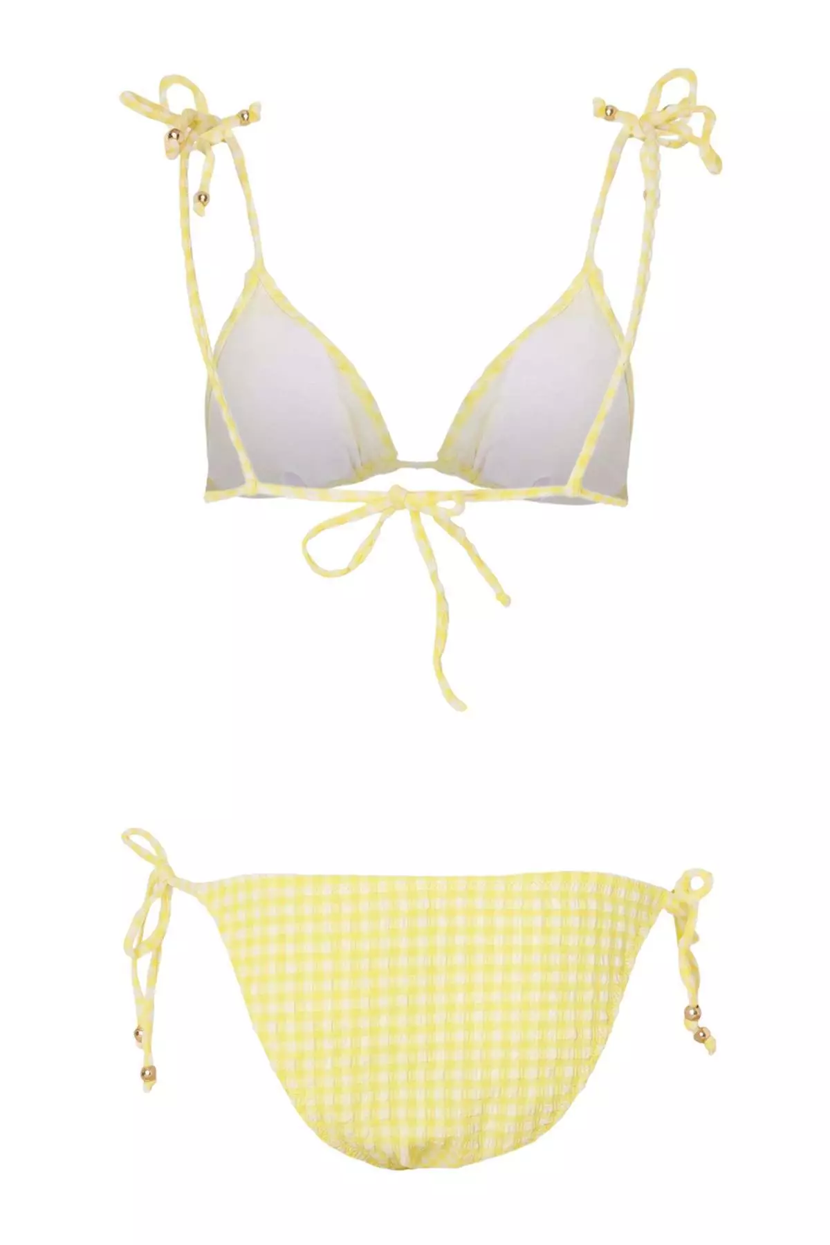 Yellow Plaid Textured Triangle Covered Low Waist Regular Bikini Set With Bead Accessories Tbess26Bt27