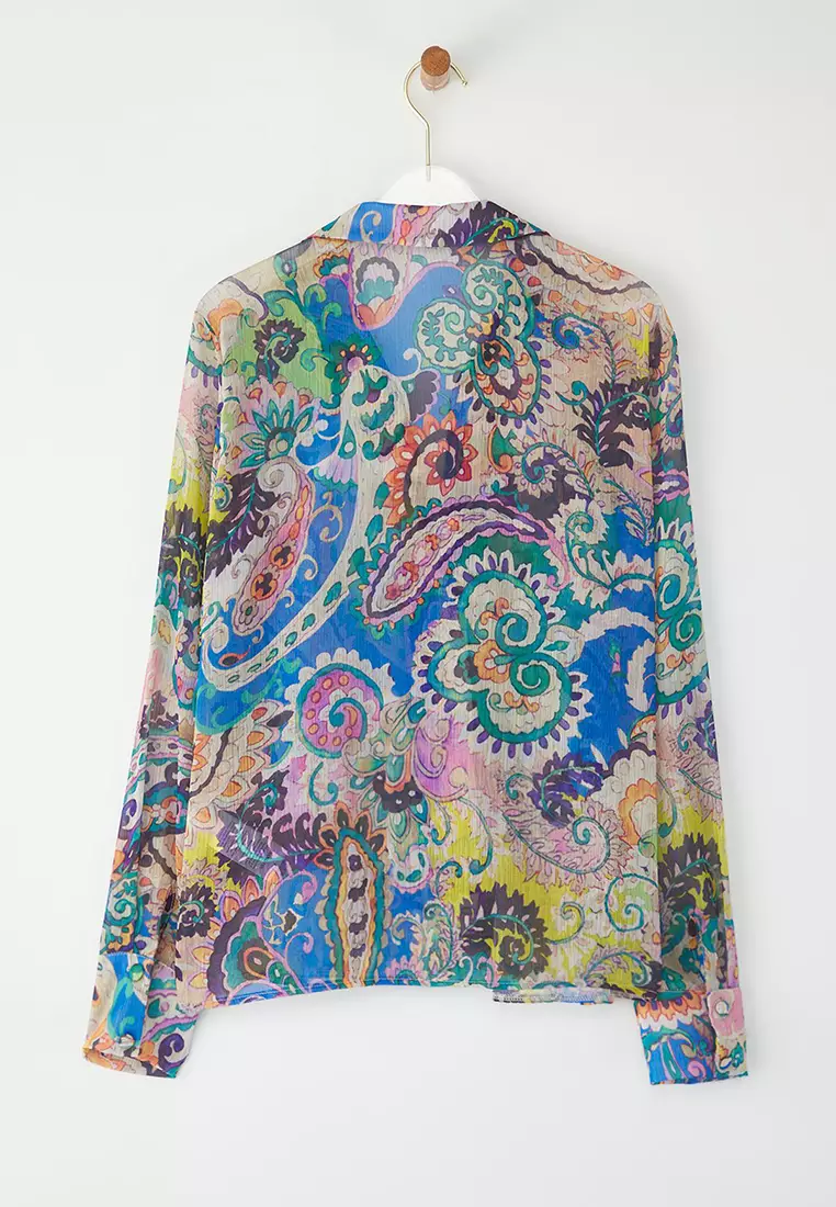 Multicolored Long Sleeve Oversize Patterned Chiffon Shirt Twoss25Go00153
