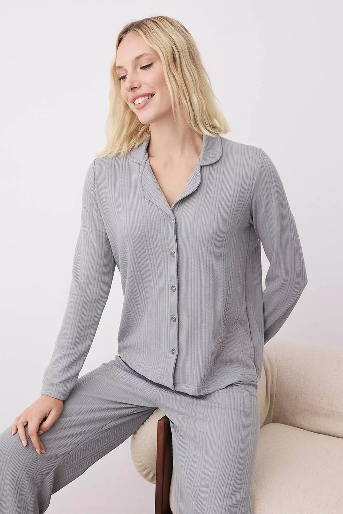 Smoke Textured Ribbed Soft Touch Winter Knitted Pajama Set