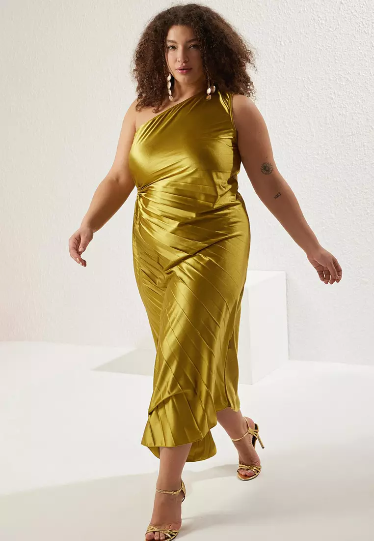 Buy Trendyol Plus Size Satin Asymmetrical Dress Online | ZALORA Malaysia