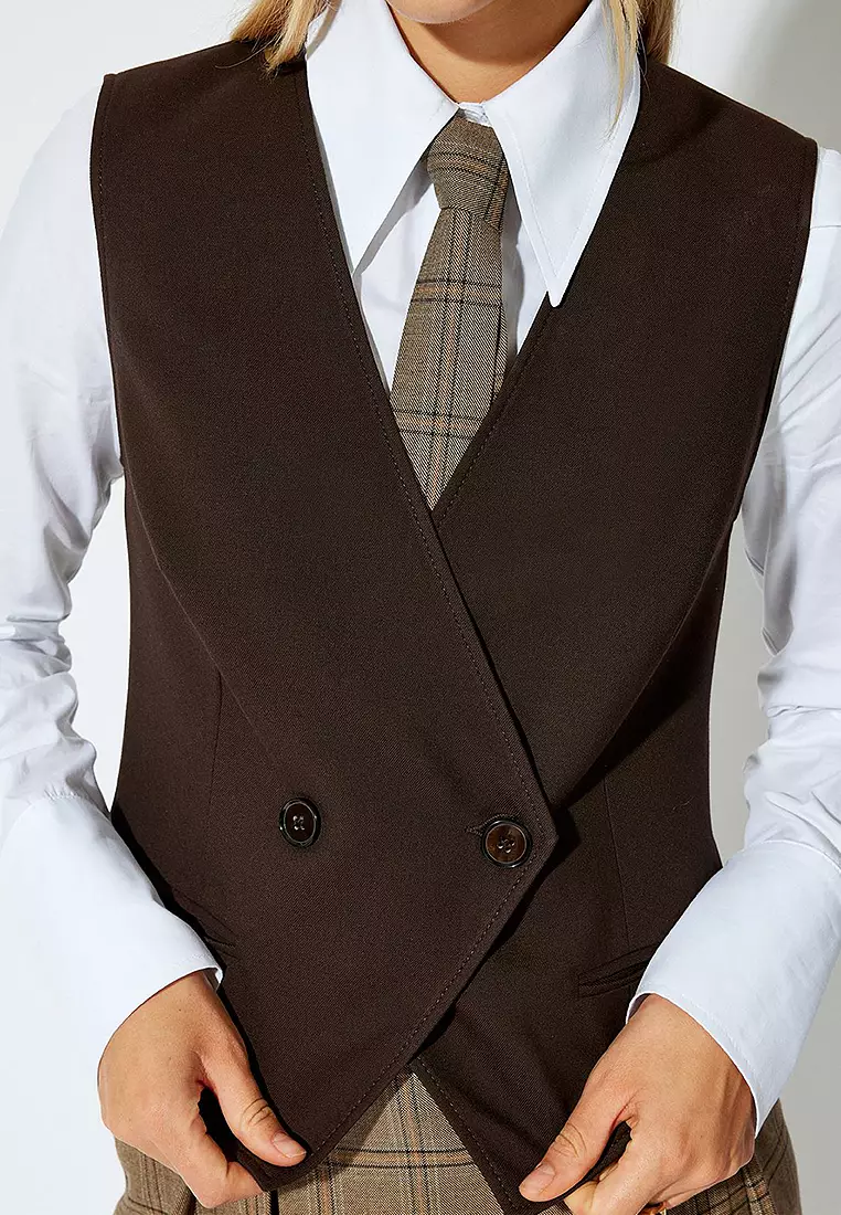 Double Breasted Asymmetric Buttoned V Neck Suit Vest