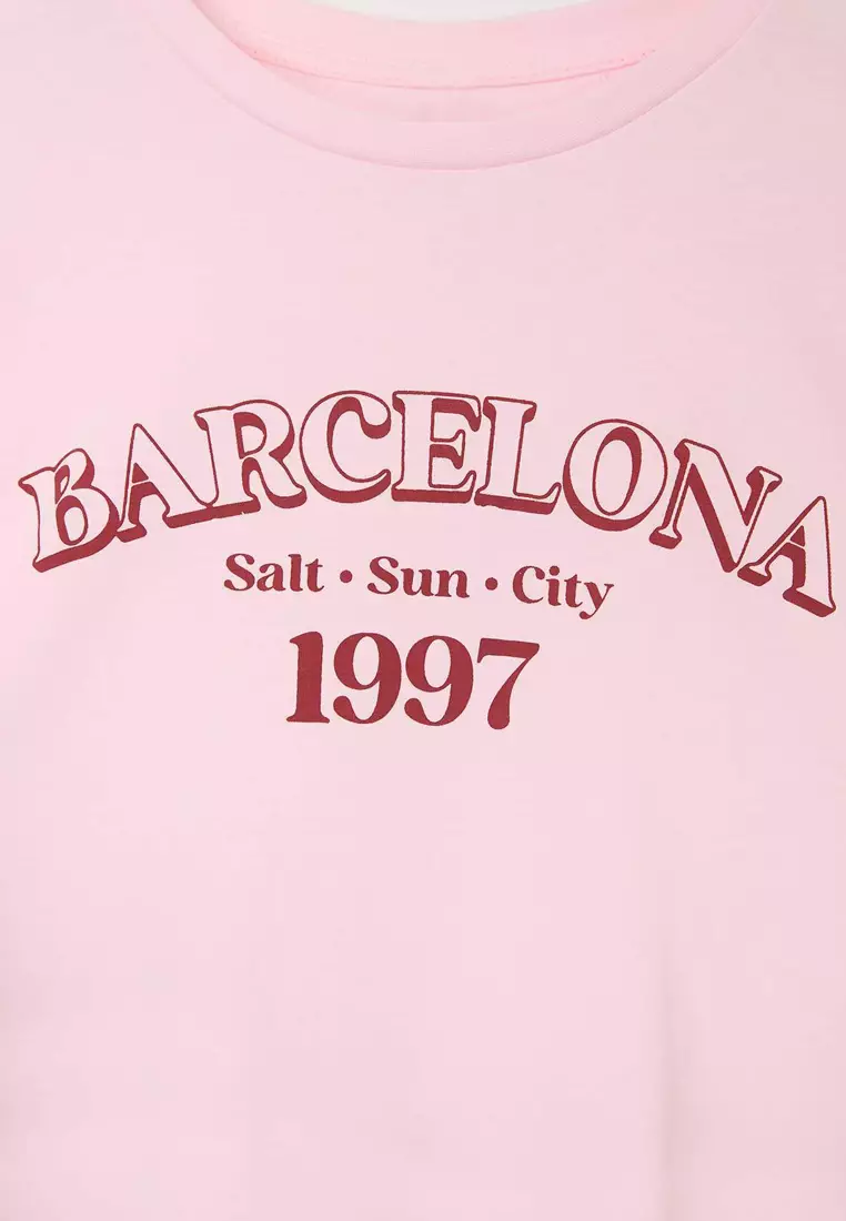 Light Pink Wide Fit Crew Neck Printed 100% Cotton Knitted T-Shirt Tbbss23Ah00131