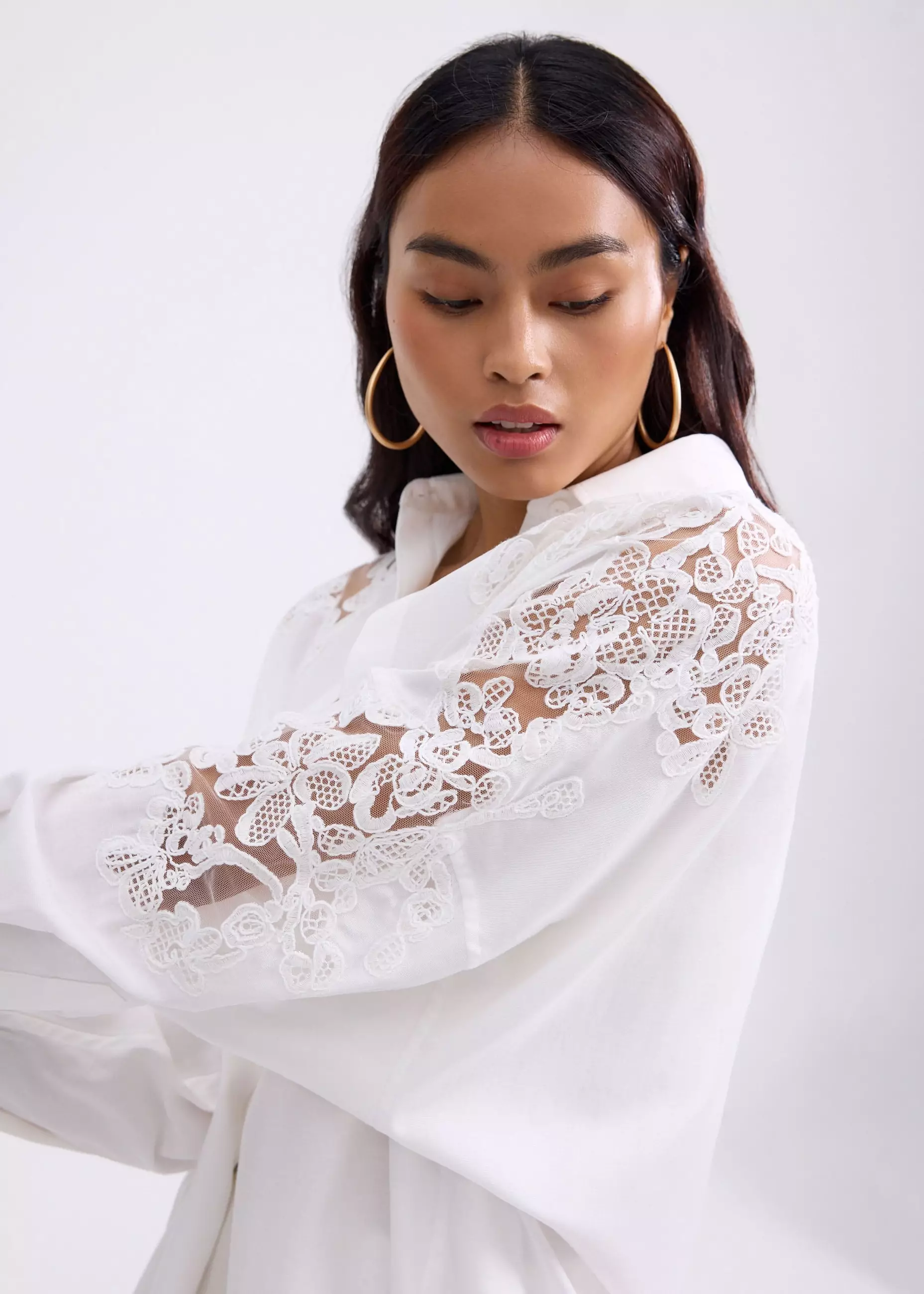 Atasan Wanita - Oversized Lace Patchwork Button-Down Collared Shirt