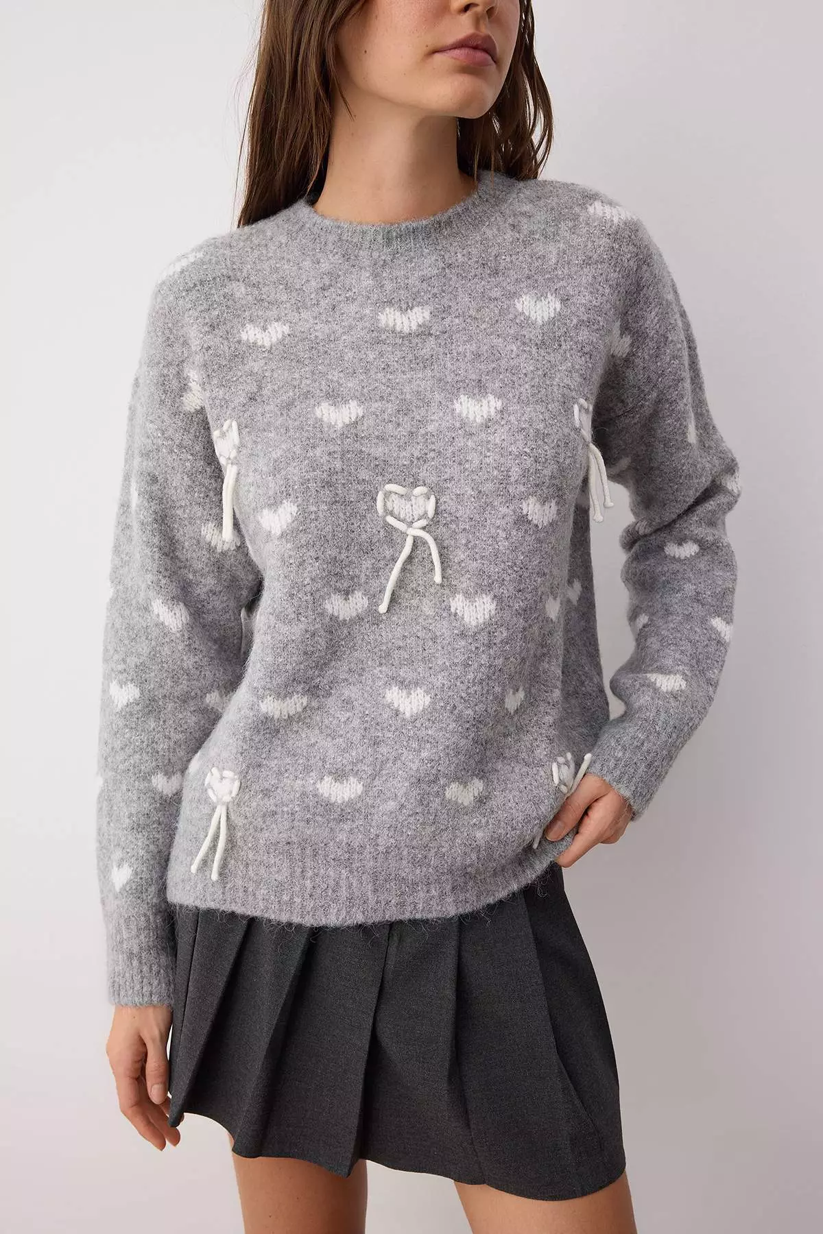 Gray Wool Blend Kalp Patterned Oversize/Wide Pattern Knitwear Sweater Twoaw26Kz00018