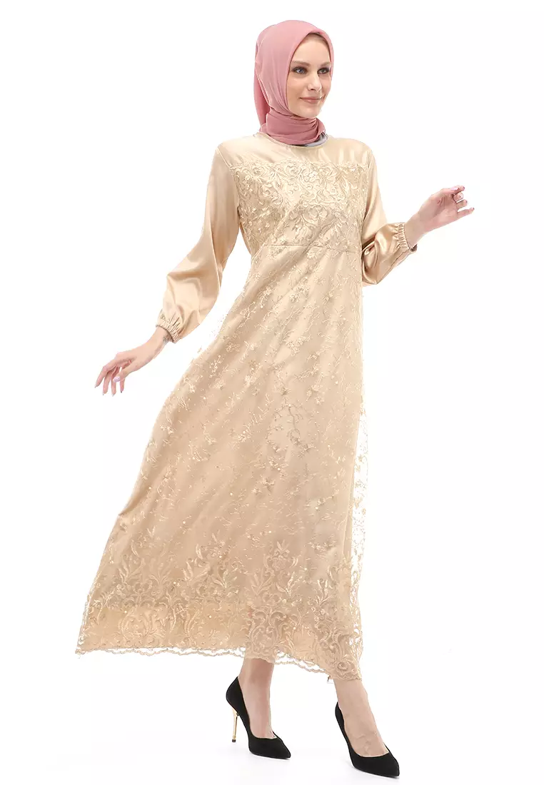 Monita Gamis Brokat Tile Wanita Muslimah Regular Fit - Mocca