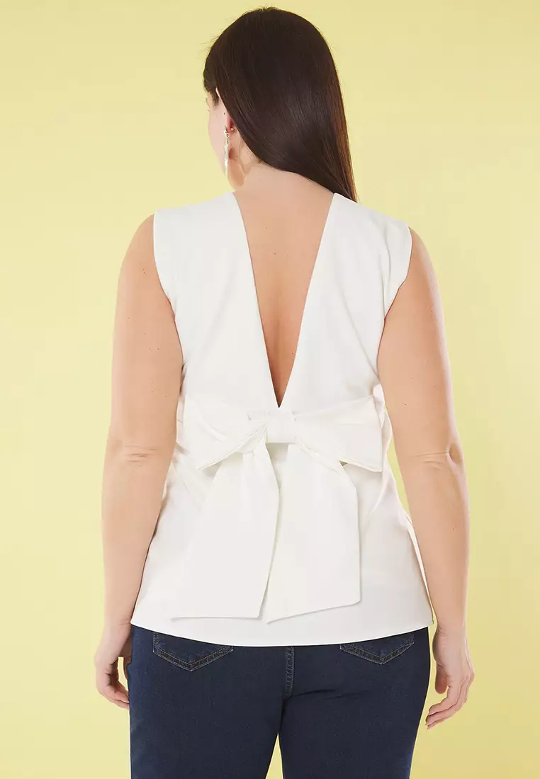 White Sleeveless Backless Bowknot Stylish Woven Plus Size Blouse Tbbss25Af00089