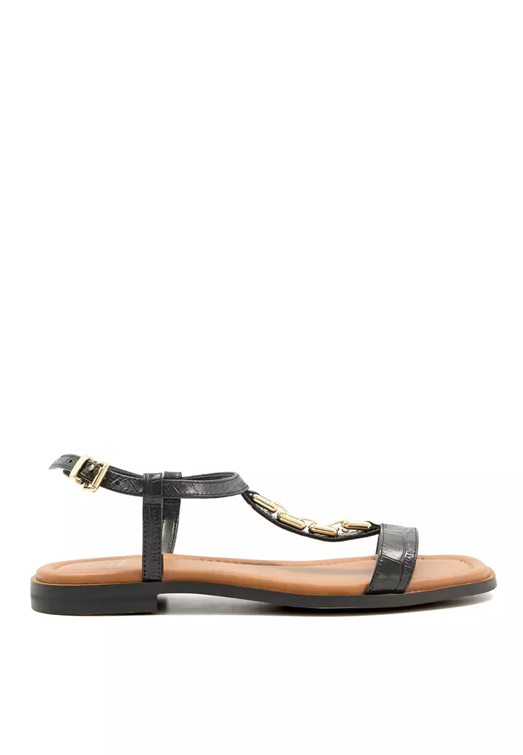 Discount on Dune London  shoes - SKU: Lotty Chain Croc-Effect Flat Sandals Black