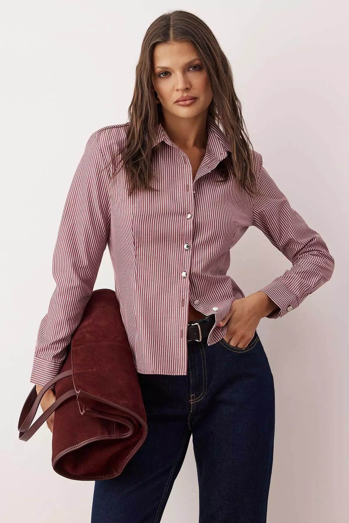 Burgundy Multi-Colored Striped Silver Button Detailed Waist Fitted Padded Shirt Twoaw26Go64