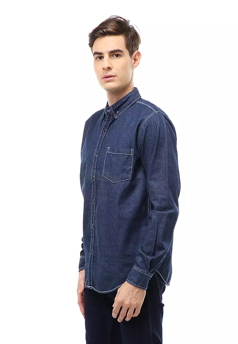 Dwan Atasan Kasual Kemeja Jeans Pria Slim Fit Lengan Panjang Material Denim ORIGINAL - Navy