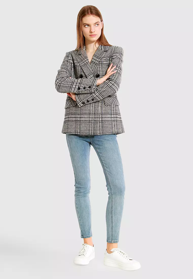 Wool blend plaid blazer cheap