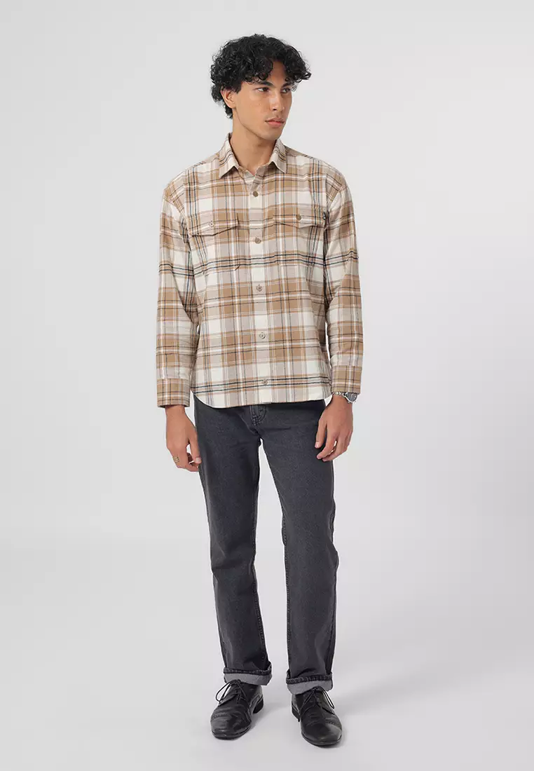 MELVINS - BEIGE Kemeja Flannel Pria Motif Kotak-Kotak Lengan Panjang Relaxed Fit