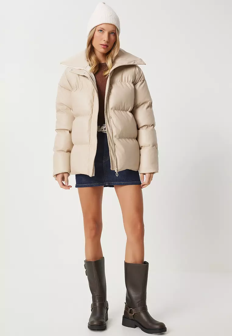 Stand Collar Faux Leather Puffer Coat