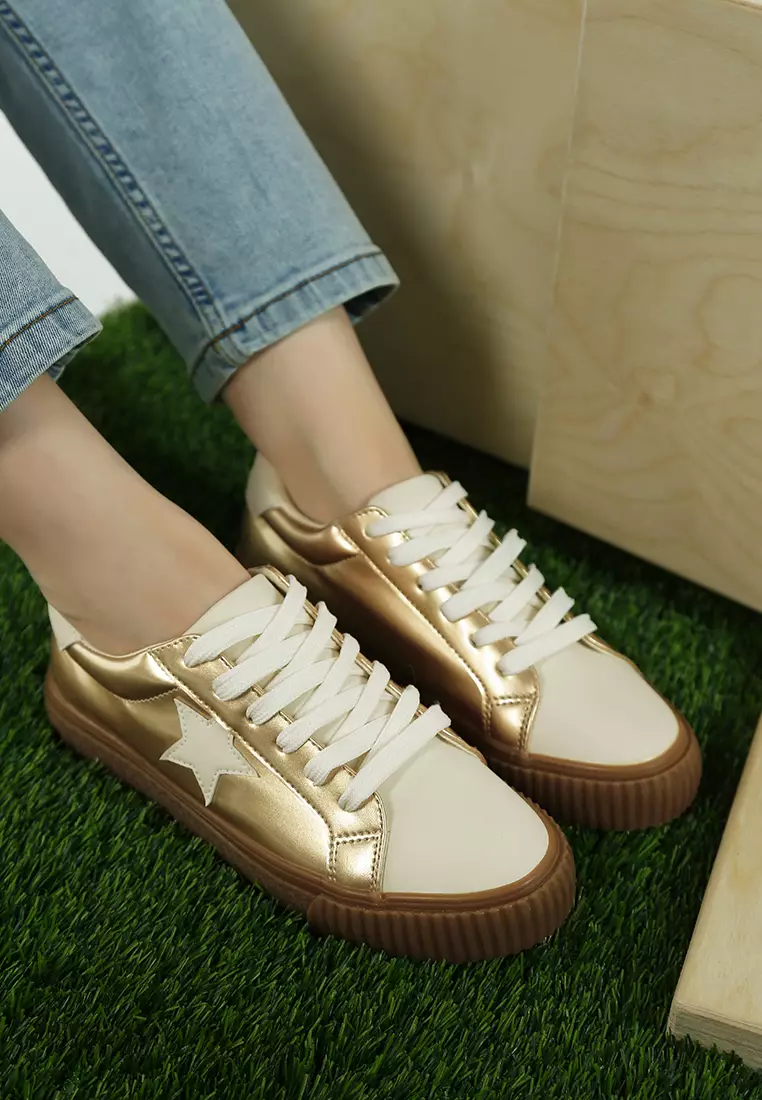 Metallic Faux Leather Star Sneakers in Gold