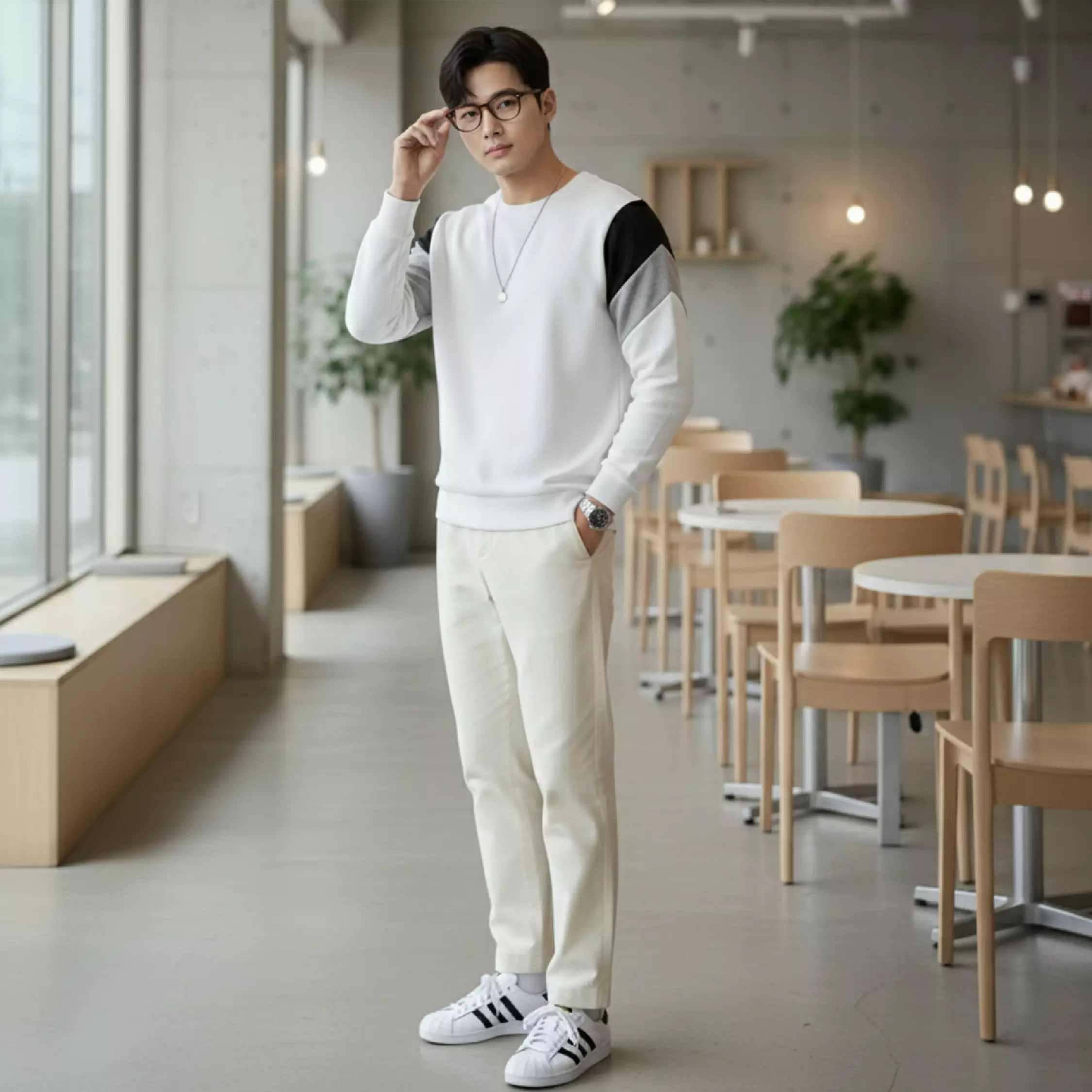 Kale Dael White Black / Sweater Pria Bahan Baby Terry Premium Kombinasi