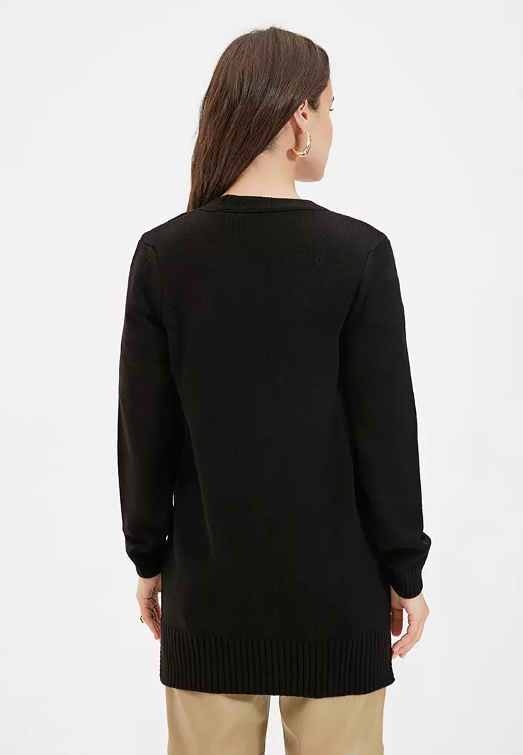 Black V-Neck Buttoned Pocket Detailed Long Knitwear Cardigan