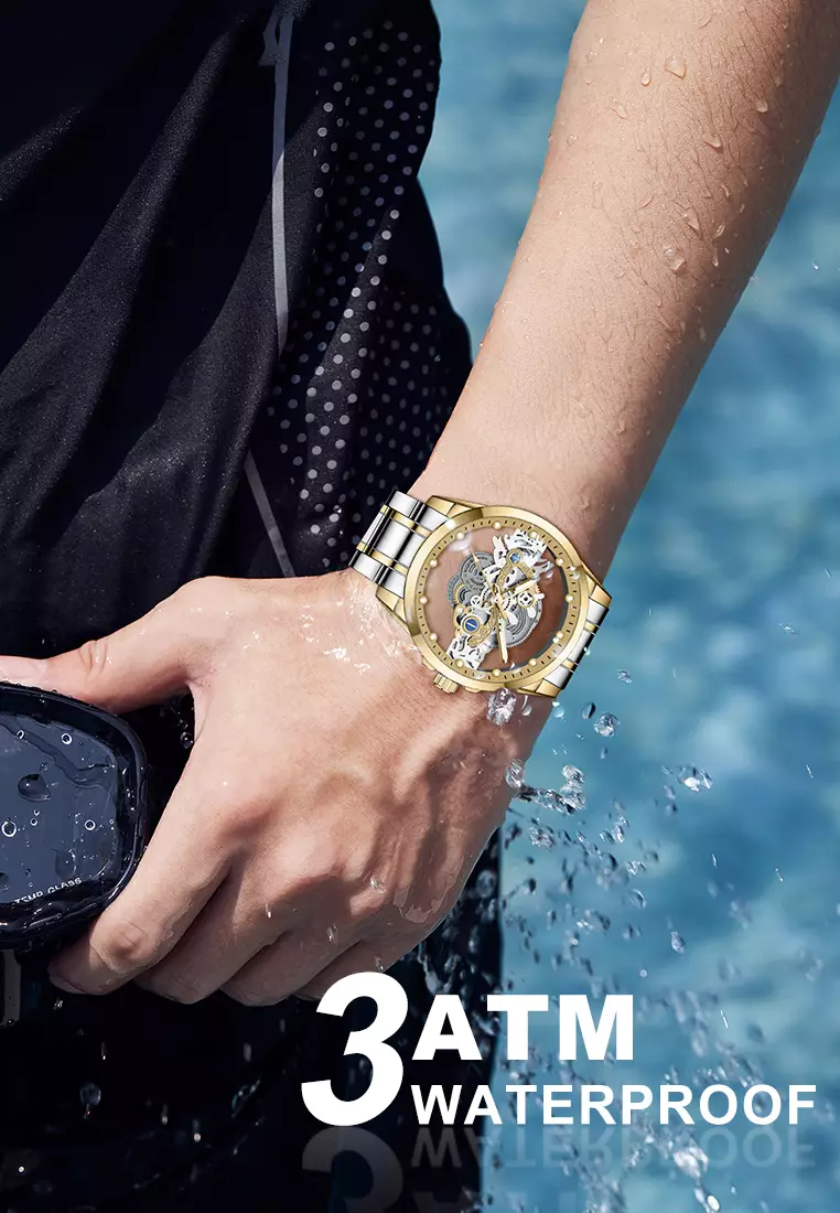 Jam Tangan Pria HD Luminous Function Hollow Dial Tali Stainless Steel Anti Air Jam Tangan Cowok silver gold