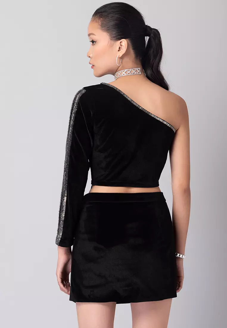 FabAlley Black Velvet Embellished One Shoulder Top And Mini Skirt Co-ord Set