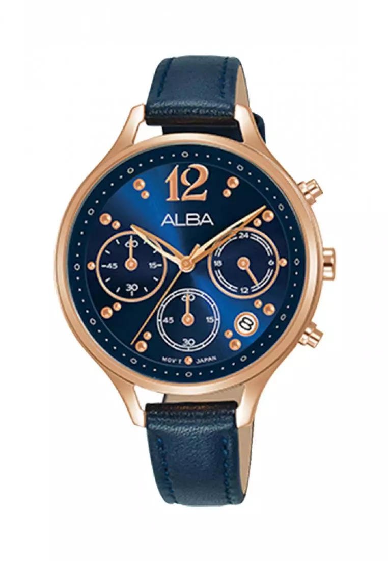 Jam Tangan Wanita Alba Original Garansi Resmi AT3F08 AT3F08X1 Strap Dark Blue Leather Dark Blue Dial