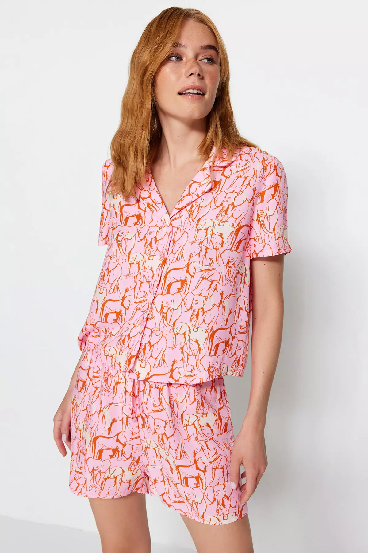 Buy Trendyol Pink Animal Pattern Shirt-Shorts Viscose Woven