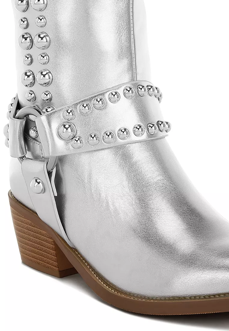Studded Harness Detail Boots in Silver