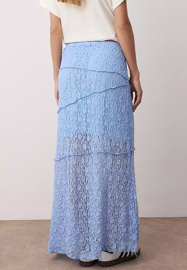 Light Blue A Line Lace Lined Maxi Skirt