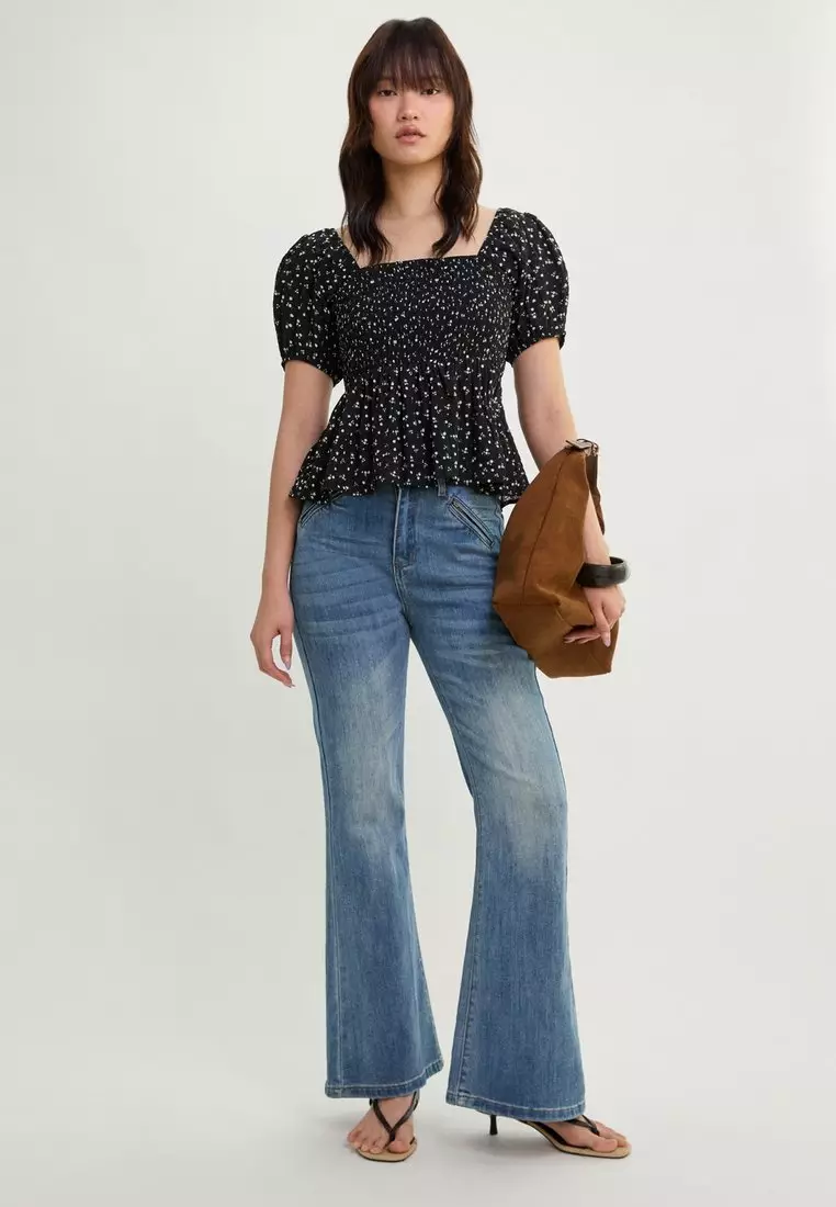 Floral Smocked Peplum Blouse - Black