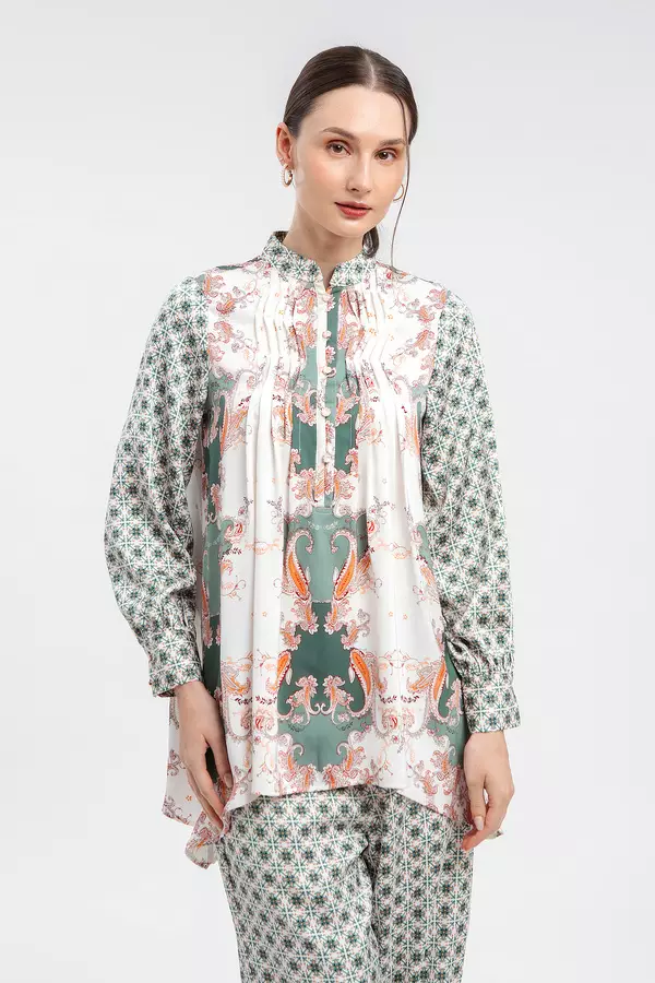 MINIMAL - Pervin - Tunic Pintuck Motif Paisley - Green