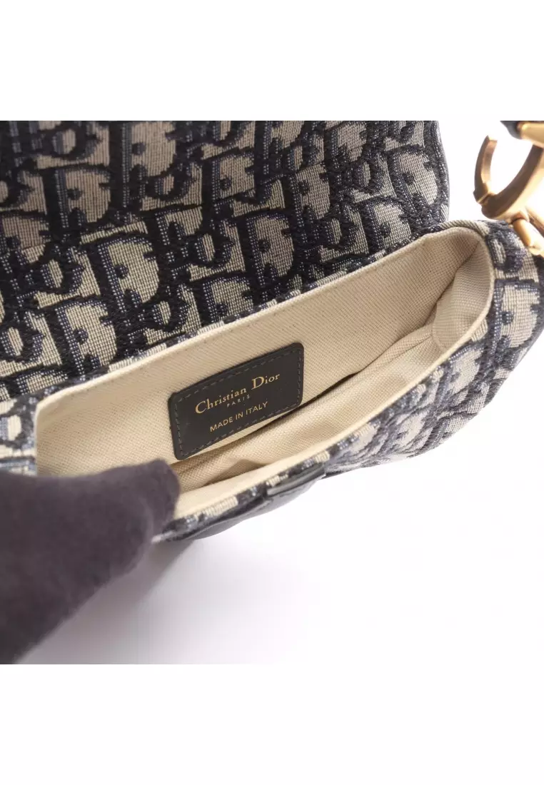 Pre-Loved Christian Dior saddle bag mini oblique jacquard Handbag canvas leather ivory Navy