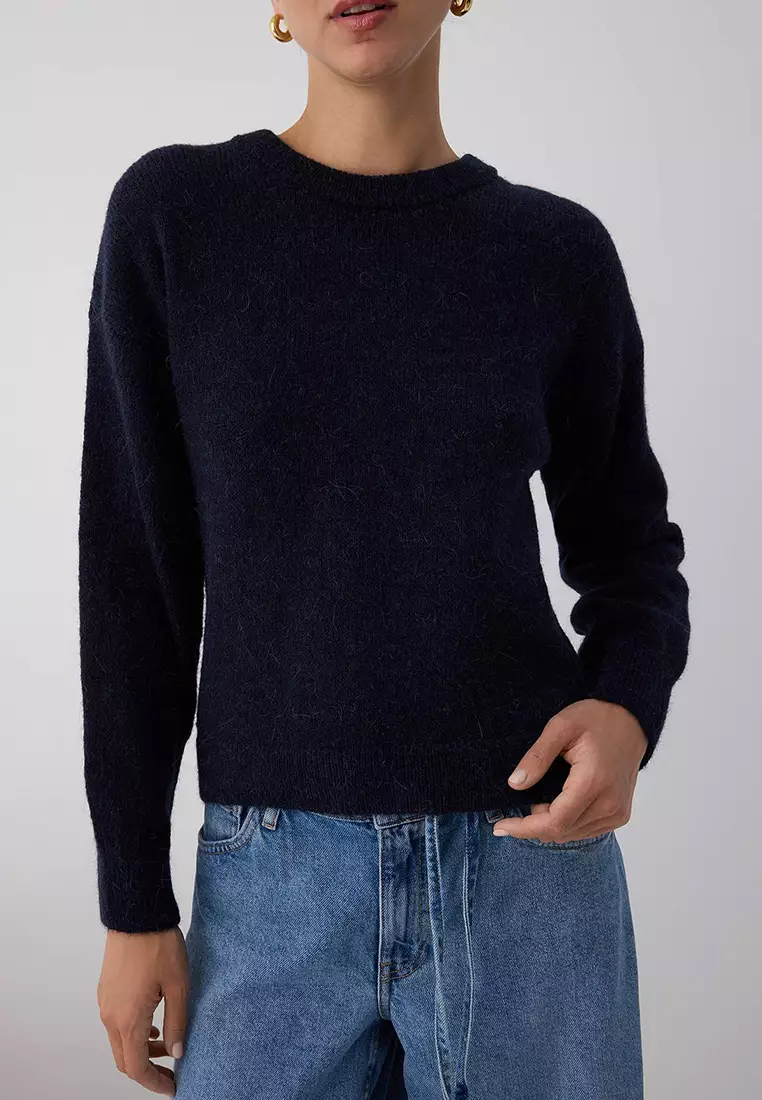 Navy Blue Alpaca Wool Blended Wide Fit Premium Yarn Knitwear Sweater