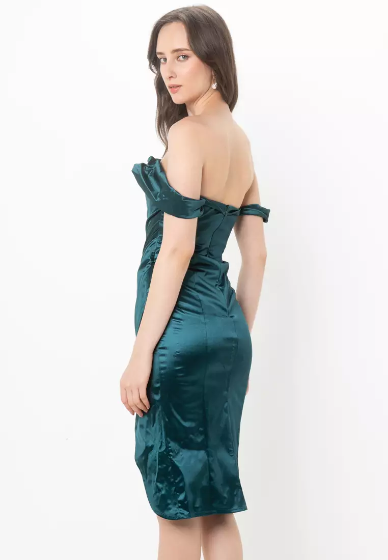 Off Shoulder Bardot Boned Tuck Midi Dress