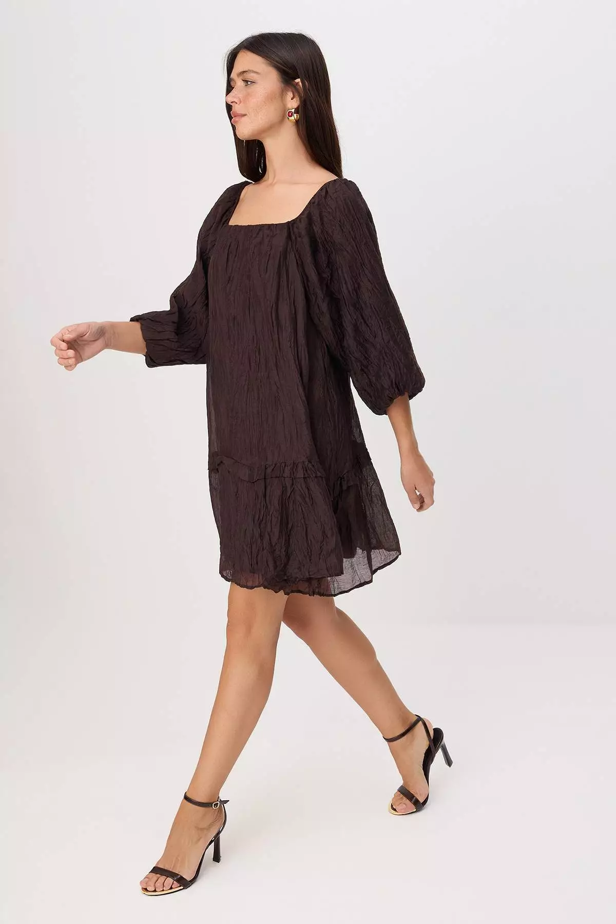 Brown A-Line Balloon Sleeve Wide Cut Woven Dress Twoss26El59