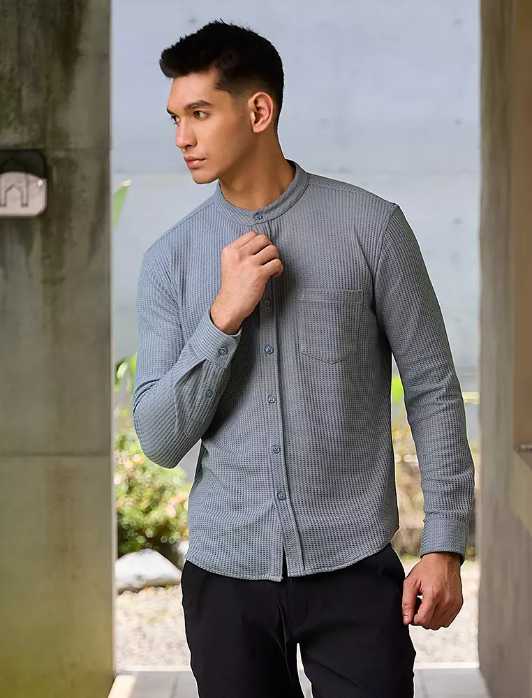 OXCON kemeja Tangan Panjang Waffle Kerah Collarless Sage Grey