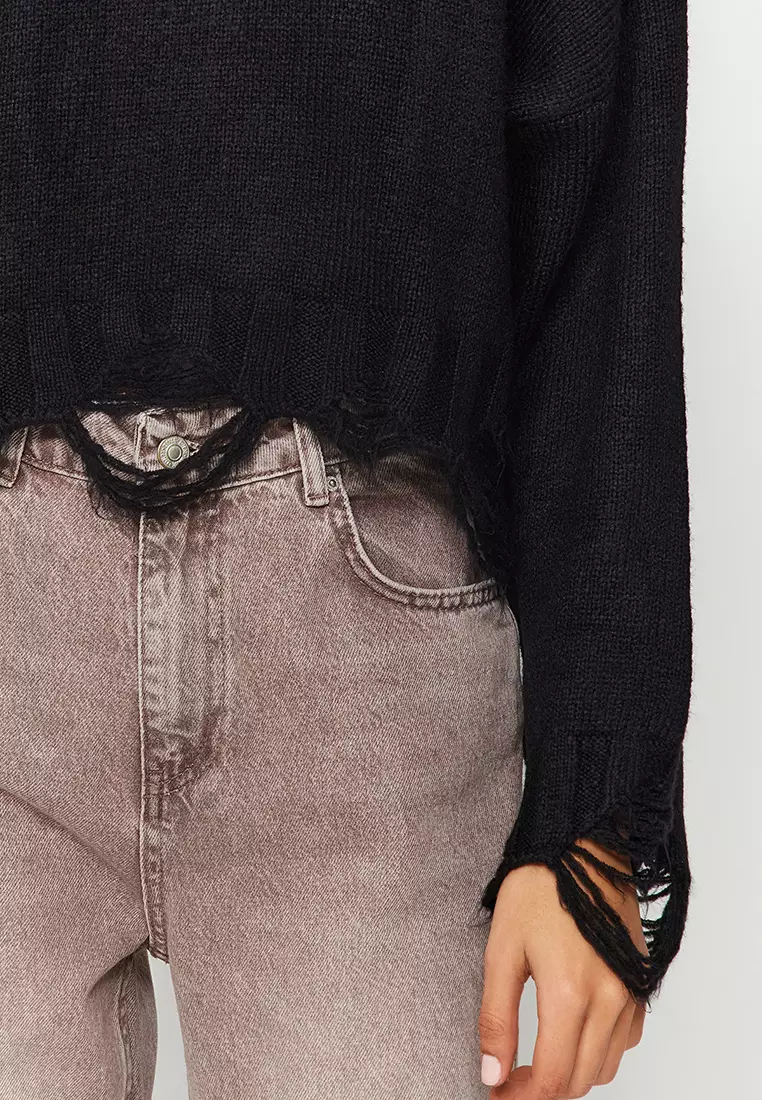 Black Crop Wide Pattern Soft Textured Flowing Detailed Knitwear Sweater Twoaw24Kz00319