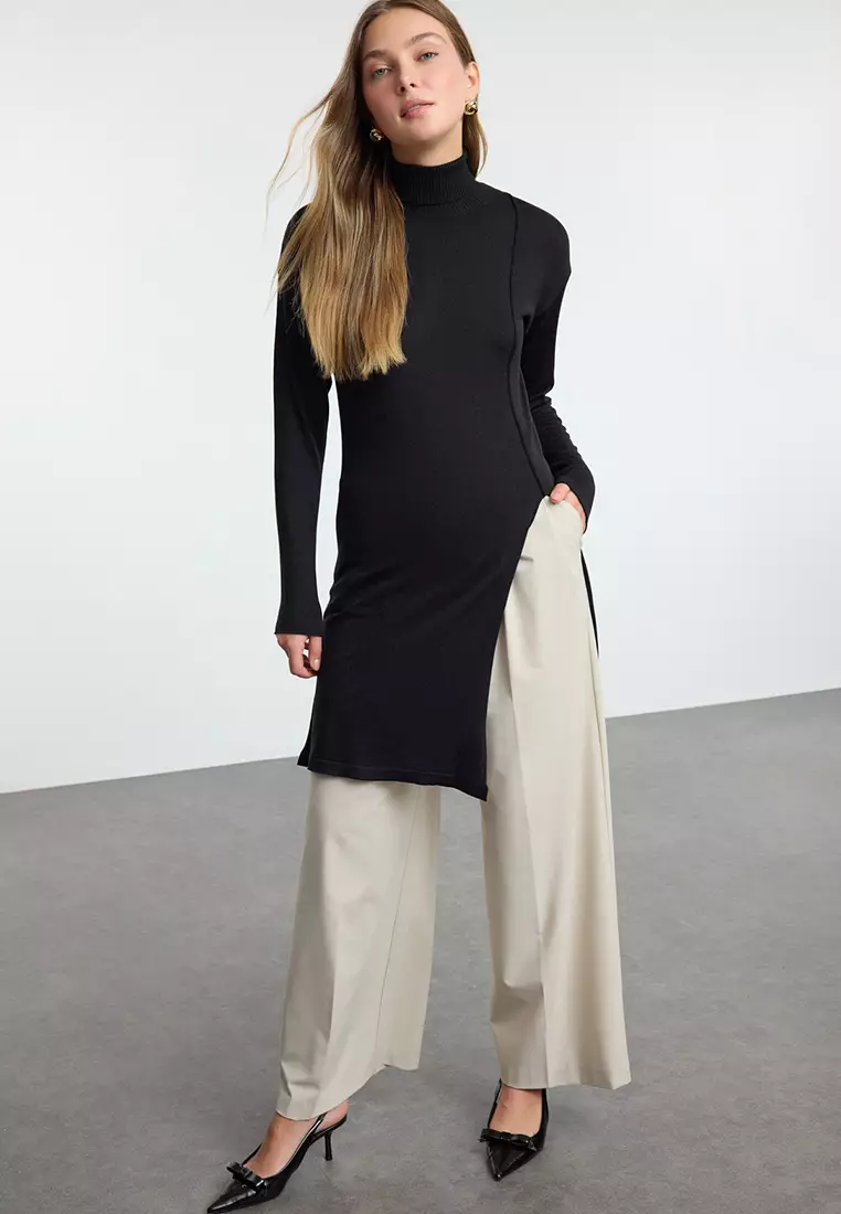 Premium Black Knitwear Midi Sweater Slit Detail