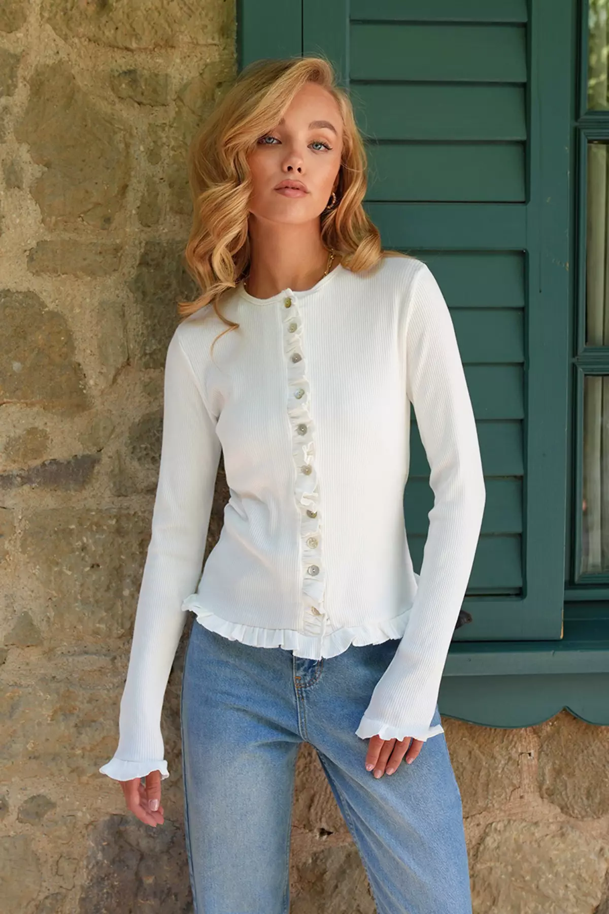 Women's Ecru Crew Neck Ruffle Detailed Button-Front Knitted Blouse Alc-X14533