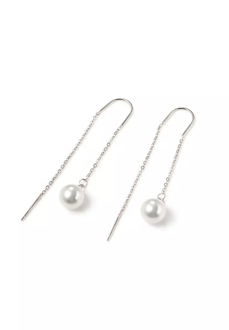 925 SIGNATURE Pearl Threader Earrings-Silver/Pearl White