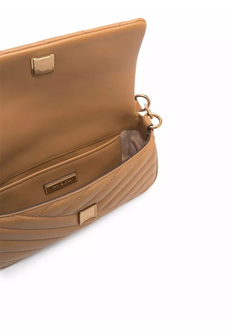 Tory Burch Women's Dusty Almond Brown Kira Chevron Leather Tassel Shoulder  Bag Handbag