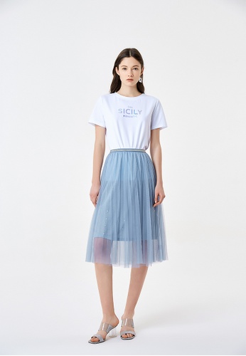 Hopeshow blue Pleated Lace Mesh Midi Skirt 5C597AAEE101EFGS_1