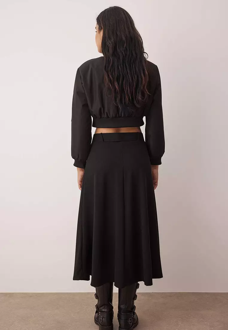 Black Belt Detailed Skater Maxi Flexible Knit Skirt Twoaw26Et00067