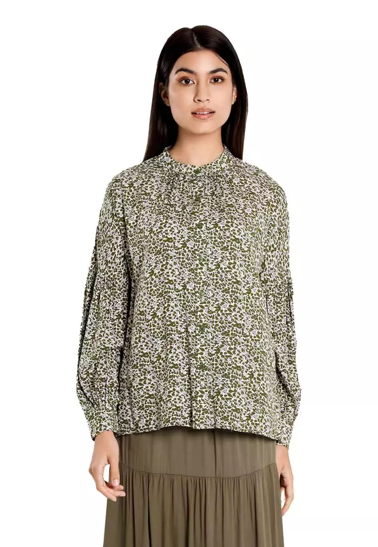 Forest Ladies Floral Pattern Button Rayon Blouse Women Long Sleeve Blouse | Baju Perempuan - 822486-41Green
