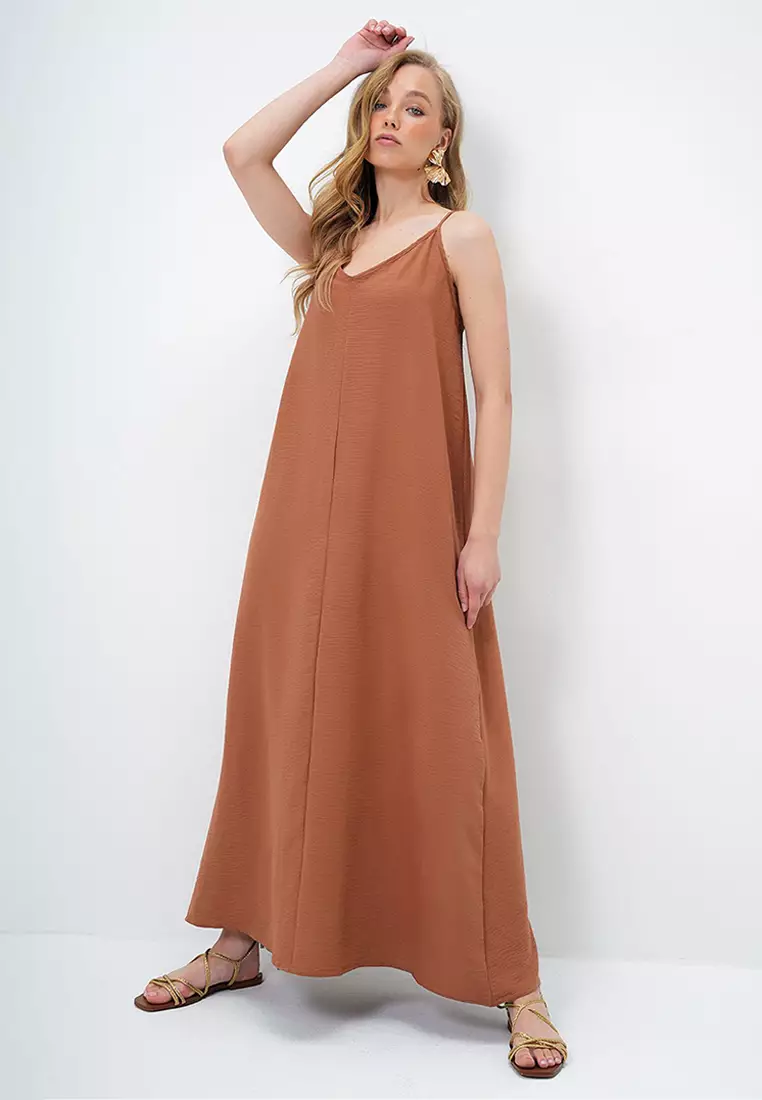 Women's Brown Adjustable Strap V-Neck Aerobin Summer Dress Alc-X14067