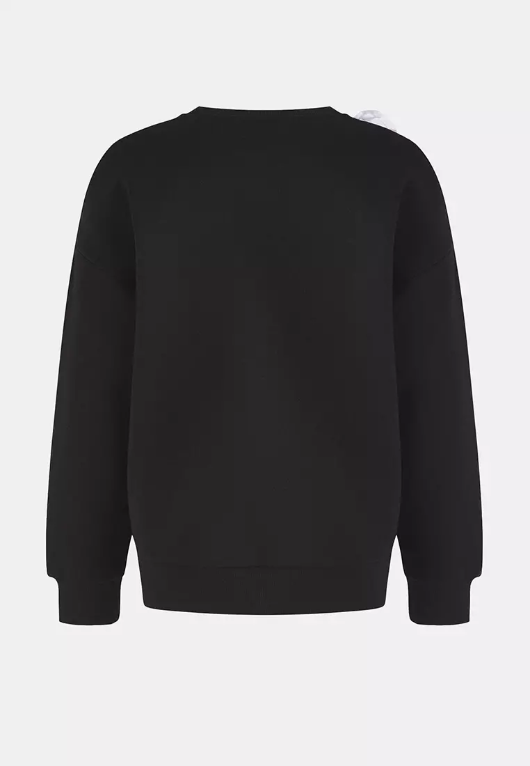Teen Black Open Shoulder Slogan Embroidered Thick Polar Fleece Knitted Sweatshirt