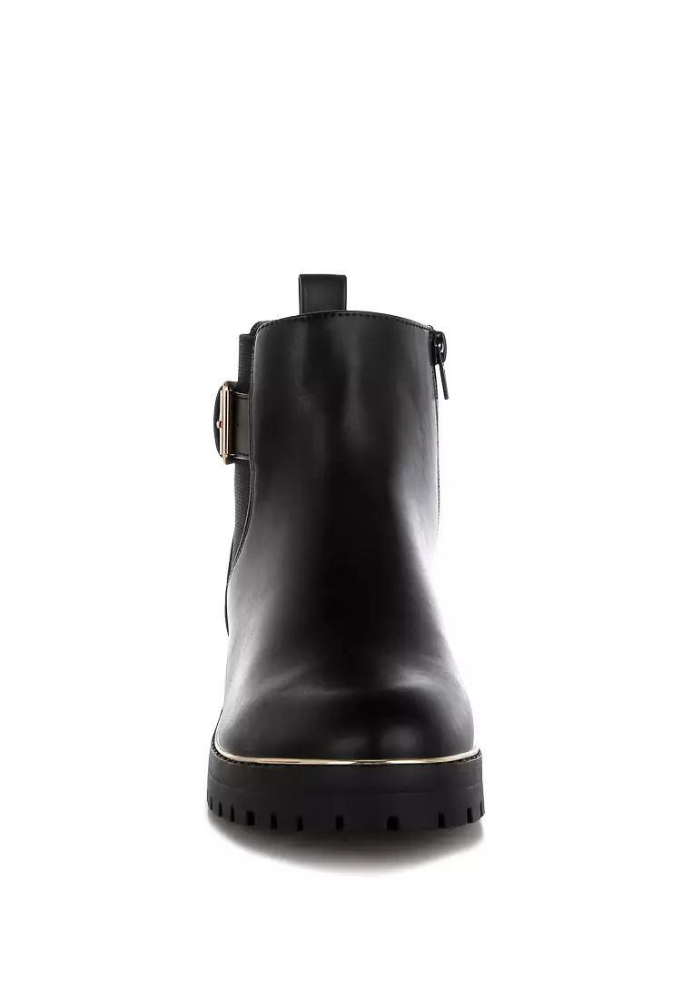 Chunky Buckle Detail Ankle Boots in Black