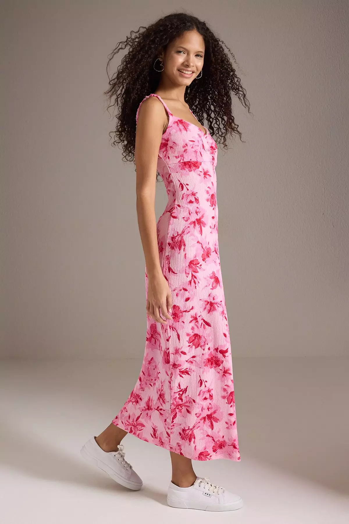 Pink Floral Printed Strappy V Neck Pleated Body-hugging Flexible Maxi Knit Dress TWOSS25EL00474