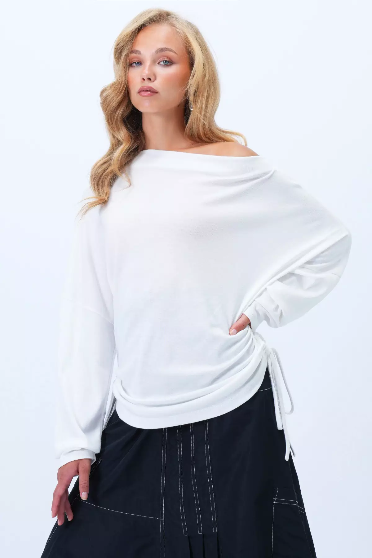 Women's White Cowl Neck Batwing Sides Wide Cut Blouse Alc-X14399