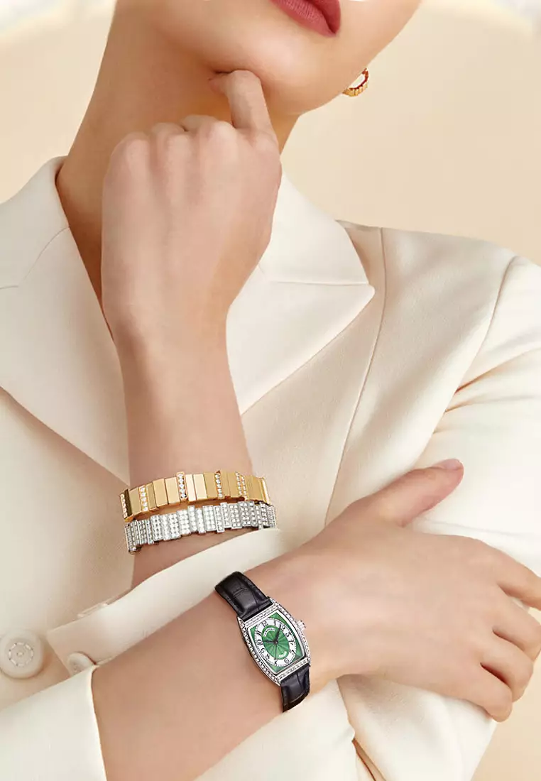 Ladies Barrel Shape Stainless Steel Quartz Watch, Green Dial, Black Leather Strap