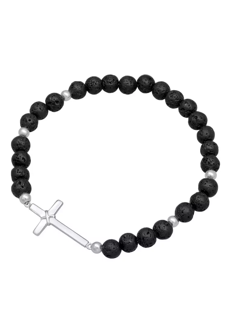 EXCLUSIVE Gelang Perhiasan Perak 925 Pria Cross Pendant with Lava Beads Black