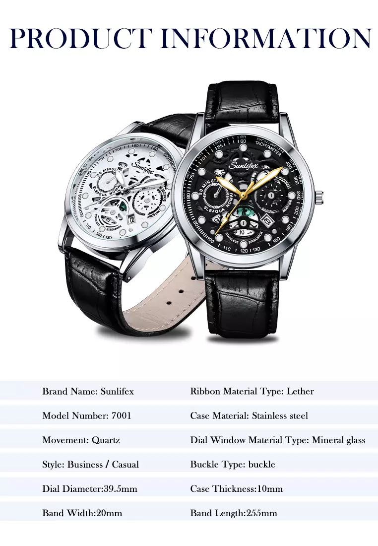 Jam Tangan Pria Dial Berongga Anti Air Kuarsa Tali Kulit Jam Pria Original Santai Mode Jam Tangan Cowok 7001 black white