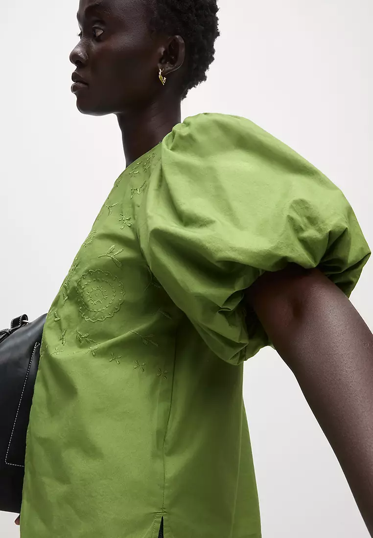 Pure Cotton Embroidered Puff Sleeve Blouse