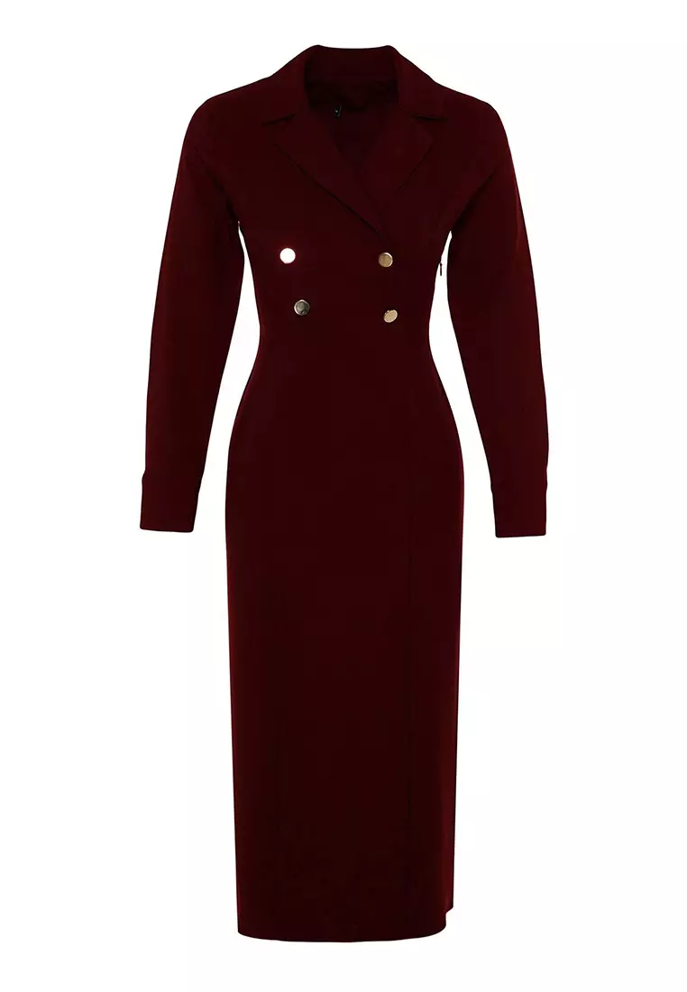 Burgundy Double Breasted Collar With Gold Button Detail Woven Dress Tctss24Eb00020